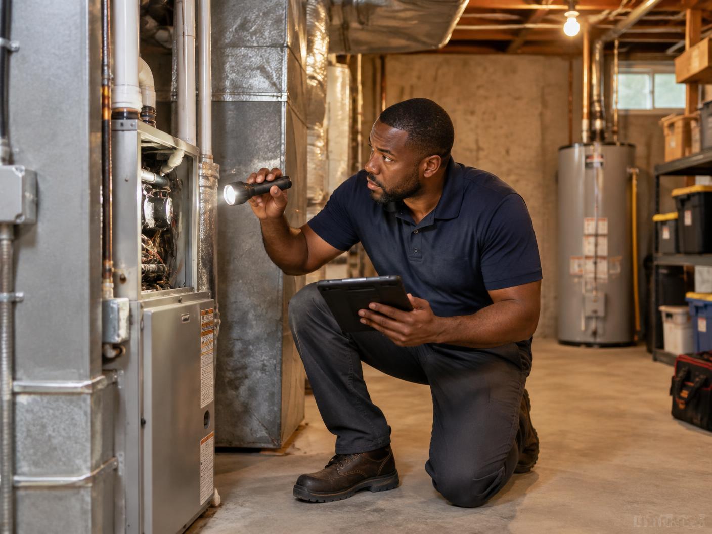 Black inspector examining a basement furnace and mechanical systems