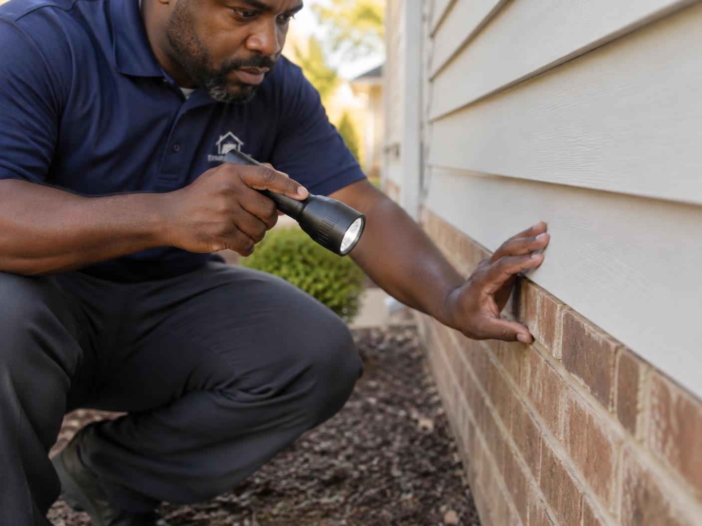 Inspector checking brick foundation and siding with a flashlight