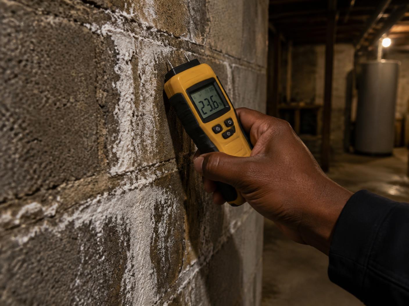 Moisture meter pressed against a damp basement wall with efflorescence