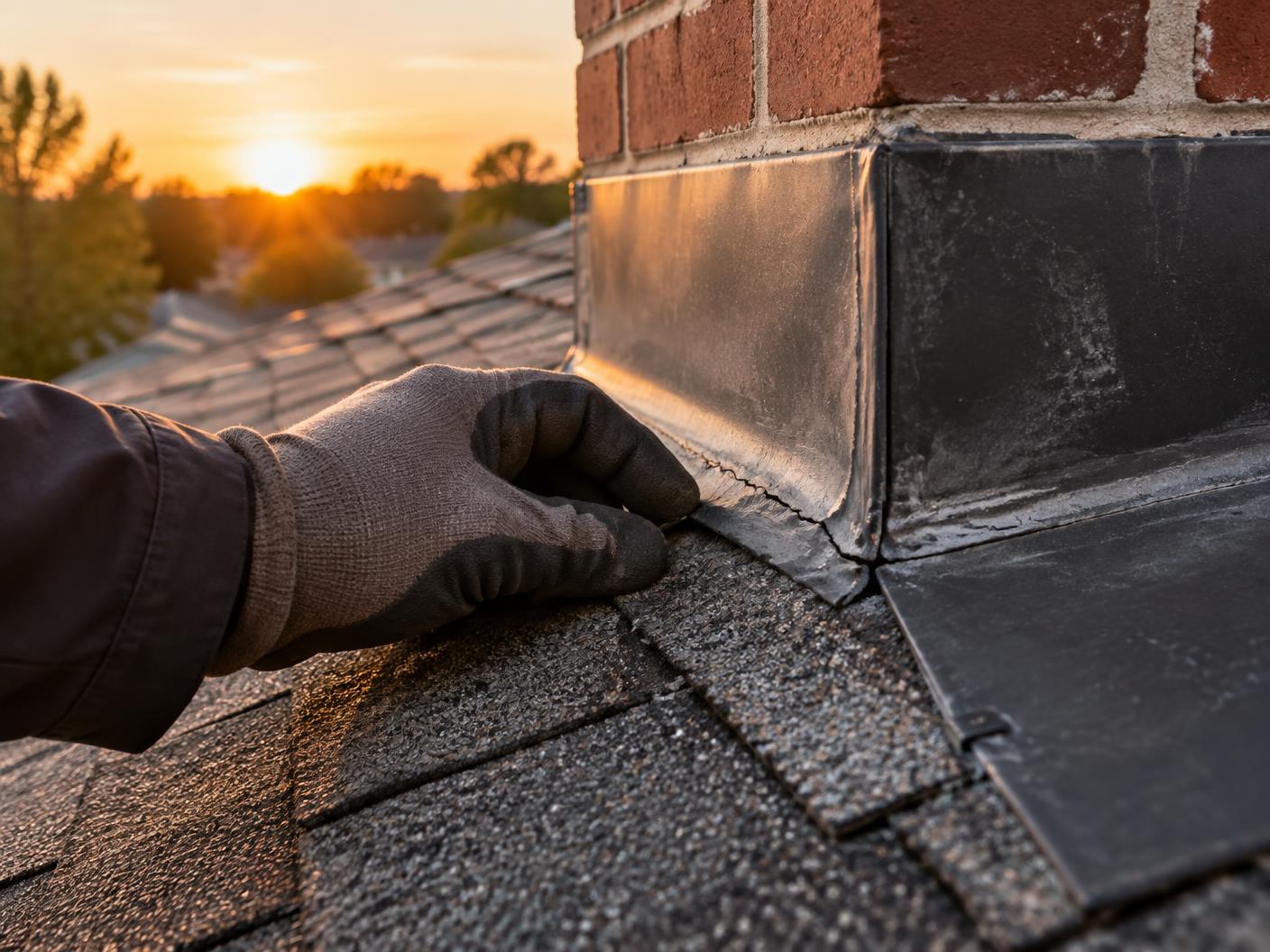 Gloved hand checking cracked chimney flashing on an asphalt shingle roof at sunset