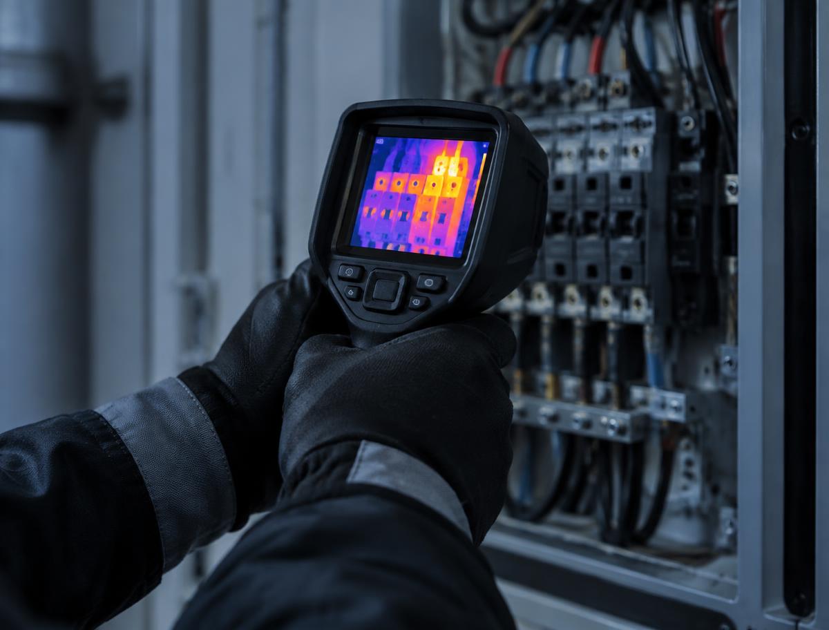 Thermal imaging camera scanning an electrical panel